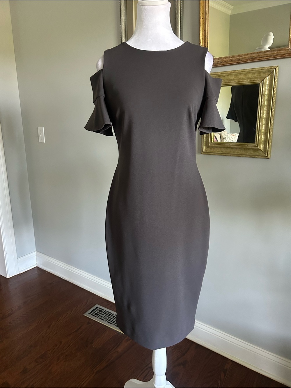Calvin Klein Cold-Shoulder Sheath Dress in Charcoal Gray